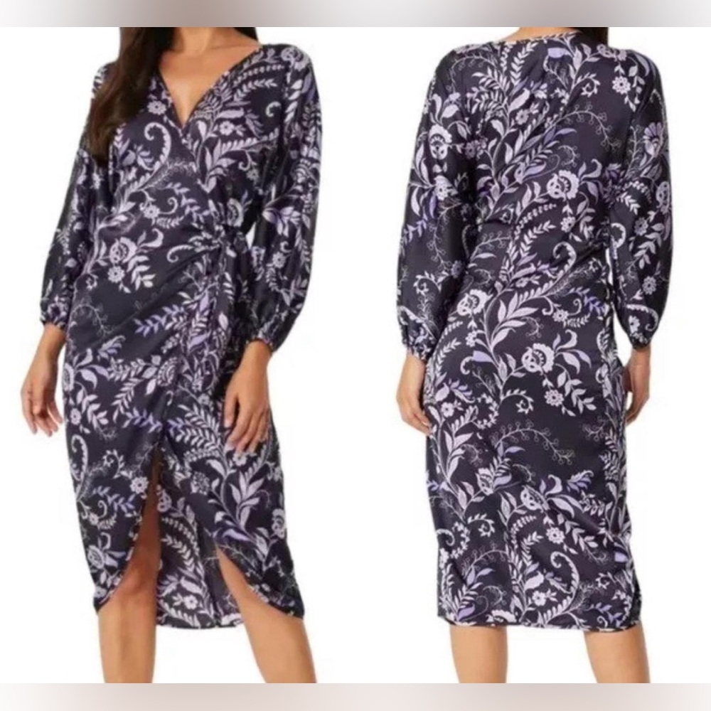 MISA Sylvia Floral Faux Wrap Dress - NWT - Size L Black and Purple